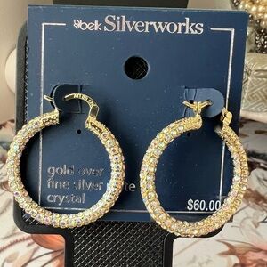 Belk Silver Works Gold Over Fine Silver Plate Hoop Earrings w/Crystals B3